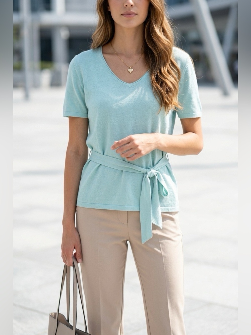 J.Jill Silk Cotton Aqua Blue Knit Sweater Women XL Waist Tie Quiet Luxury Career
